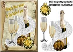 Happy New Year! Champagne and Glasses Gold Baubles