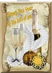 Happy New Year! Champagne and Glasses Gold Baubles A4