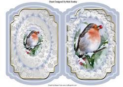 Lovely Robin in the Snow on Lace with Bow Bracket Card