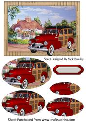 1948 Red Vintage Woody Car with Cottage Oval Pyramids