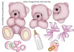 Pink Cuddly Baby Bear with Rattle and Bottle A4