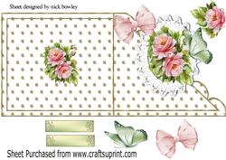 Pretty Pink Roses & Butterfly on Lace on Scalloped Card