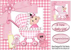 Baby Girl in Her Pram with Gingham Teddy 8x8