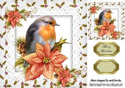 Red Robin on Lace with Poinsettias and Holly 8x8