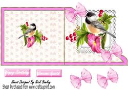 Pretty Bird with Flowers and Pink Bow Over the Edge