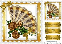 Pretty Gold Lace Fan with Roses, in Lace Frame 8x8