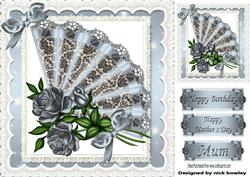 Pretty Silver Blue Lace Fan with Roses, in Lace Frame 8x8