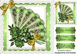 Pretty Green Lace Fan with Roses, in Lace Frame 8x8