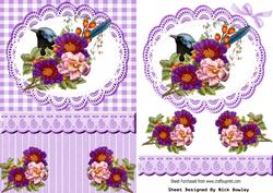 Blue Bird with Flowers, Lace and Lilac Gingham Card/topper