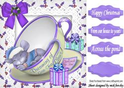 Sleepy Mouse in a Teacup in Blue Santa Hat 8x8 Card