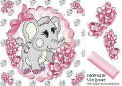 Cute Little Ele on Lace with Bow and Pink Roses 8x8