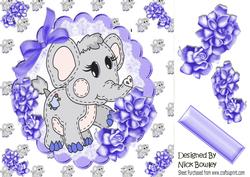 Cute Little Ele on Lace with Bow and Purple Roses 8x8