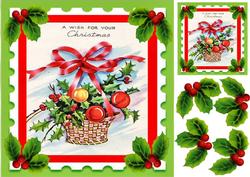 Basket of Baubles with Holly and Bow 8x8