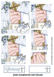 Hand Holding Cross with Bible and Blue Baby Shoes Pyramids