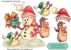 Happy Snowman with Little Deer and Son A4