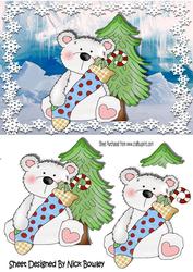 Little White Polar Bear with His Stocking and Tree
