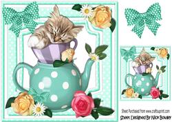 Cute Kitten in Teacup with Bow and Roses 8x8