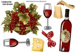 Wine and Grapes with Glasses & Cheese A4
