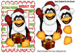 Penguin in Santa Hat with Present Waving