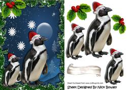 Penguins in the Snow Wearing Santa Hats with Holly