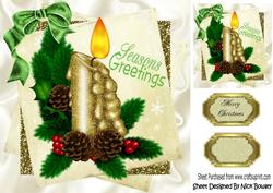 Pretty Christmas Gold Candle with Pine Cone & Holly 8x8