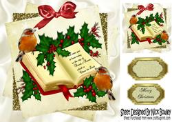 Verse with Bible and Holly with Little Robins 8x8