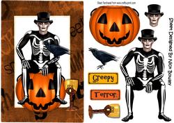 Skelly Man Sitting on Pumpkin with Crow