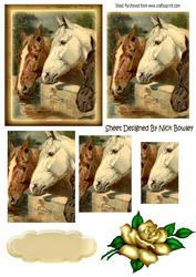 Three Horses Drinking with Pretty Gold Rose Pyramids