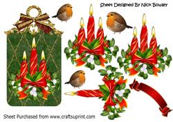 Vintage Tag with Bow, Candles, Holly and Robins