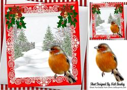 Christmas Tree and Snow with Robin, Bows with Holly 8x8