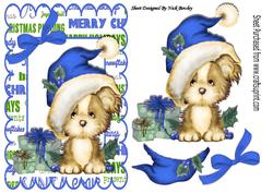 Cute Puppy in Blue Santa Hat with Pressie