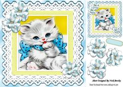 Cute White Kitty in Blue Star Bow with Flowers 8x8