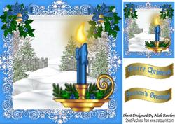 Pretty Blue and Gold Candle with Snow Scene 8x8