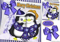 Cuddle Up Penguins in Purple Scarf with Bow 8x8