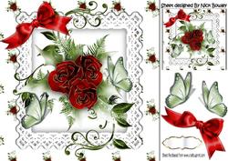Red Winter Roses with Butterflies on Lace 8x8