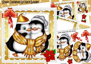 Cute Cuddle Penguins, with Gold Stars and Bow 8x8 Mini Kit