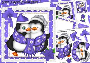 Cute Cuddle Penguins, with Purple Stars and Bow 8x8 Mini Kit