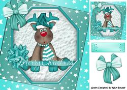 Lovely Reindeer with Turq Bow and Stars 8x8