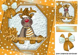 Lovely Reindeer with Gold Bow and Stars 8x8
