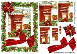 Pretty Robins in the Snow with Red Bow & Holly Pyramids