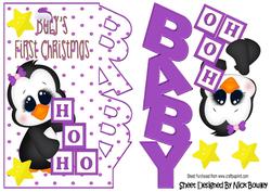 Babys First Christmas with Cute Purple Penguin Over the Edge