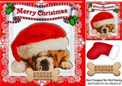 Sleepy Dog in Santa Hat with His Snooze Bone 8x8