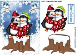 Cuddle Penguins in Red Scarf on a Snow Log