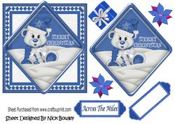 Little Bear in the Snow with Blue Present, Card & Topper