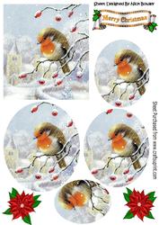 Pretty Robin on a Branch of Berries with Snow Oval Pyramids