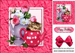 Sleepy Kitty in Teapot and Roses with Bow 8x8