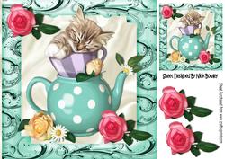 Sleepy Kitty in Polkadot Teacup and Roses 8x8