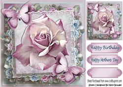 Pink Sparkle Rose on Lace with Paper Butterflies 8x8
