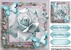 Blue Sparkle Rose on Lace with Paper Butterflies 8x8