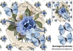 Pretty Blue Flowers and Butterflies 8x8